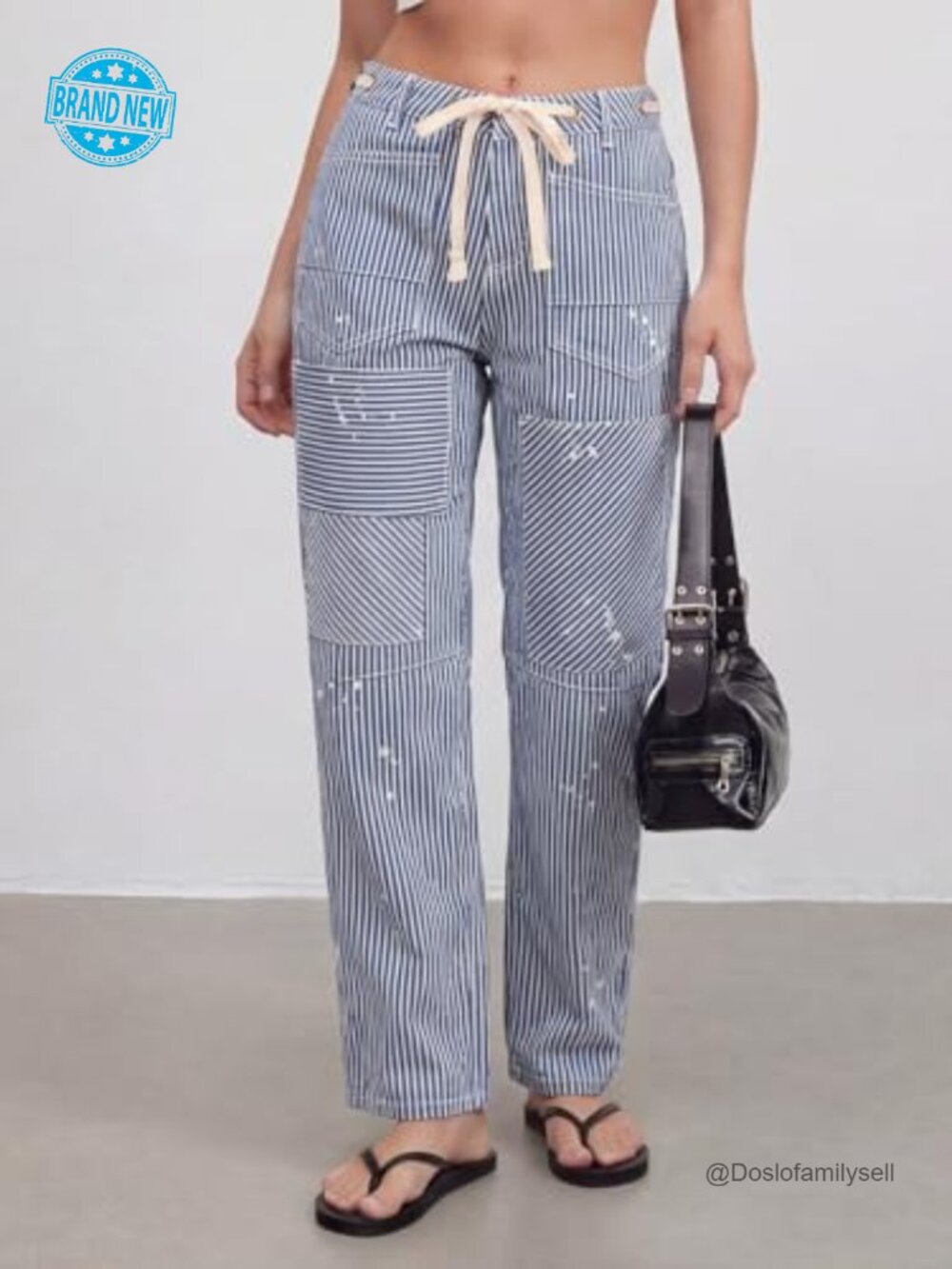 Women Striped Barrel Jeans Casual Loose Denim Wide Leg Baggy Mid Waist Y2k - Picture 5 of 7
